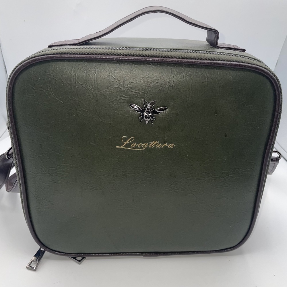 Lacattura Makeup Bag Womens Olive Green Faux Leather Adjustable Crossbody Strap